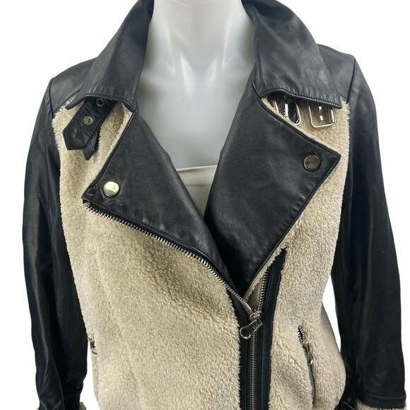 Slate & Willow Aviator Beige Black 100% Leather Sherpa Zip Up Moto Coat Jacket S - Picture 3 of 6
